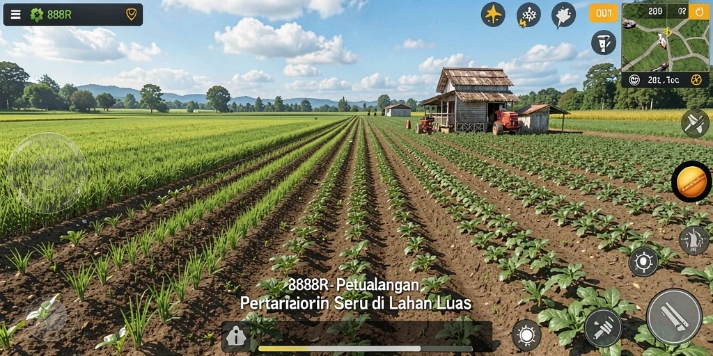 Tangkapan layar gameplay 888R menampilkan kebun hijau subur dan hewan ternak yang sehat.