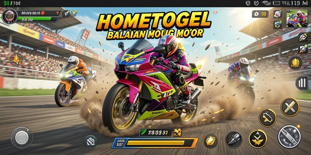 Screenshot HOMETOGEL menunjukkan akselerasi motor yang menegangkan di lintasan.