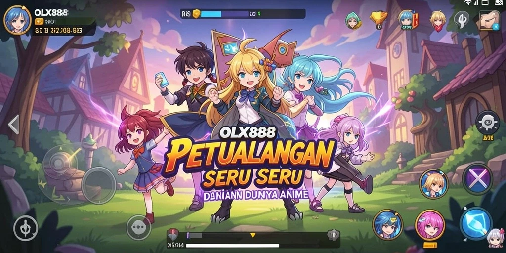 Tangkapan layar utama OLX888 menampilkan aksi seru dalam gaya anime.